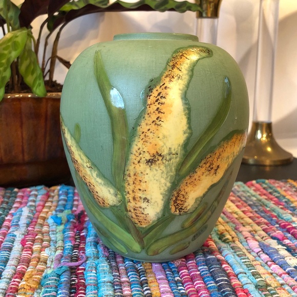 Vintage Signed Handmade Green & Yellow Floral Motif Vase